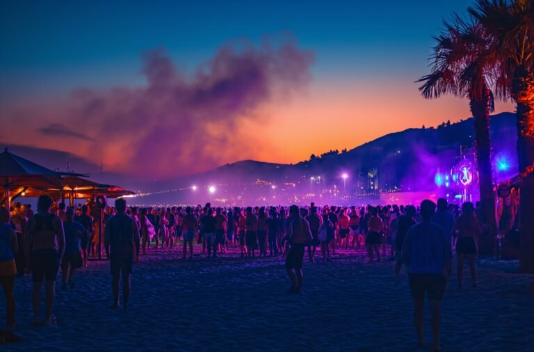 Crowd on a sandy beach with colorful stage lights and palm trees during a dusk beach disco in the summer